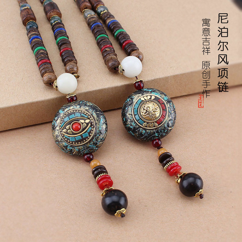 Women Accessories Nepal - ネパールペンダントセーターチェーン木製仏ビーズロングエキゾチックタンカネックレスコットンとリネン多用途アクセサリー男性と女性