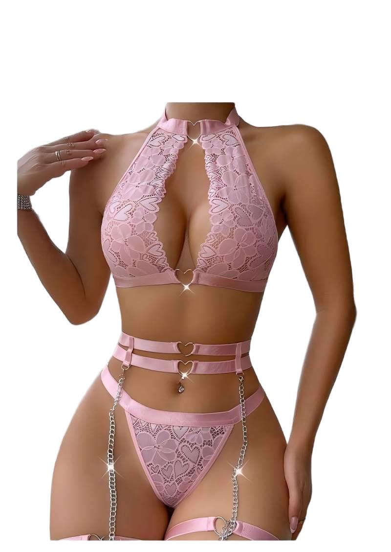 Woman Accessory - セクシーなランジェリーセット、プッシュアップレースガーターランジェリーセット（チョーカー付き）、女性用インナーウェア、アンダーワイヤーブラとTバック、レディース下着セット