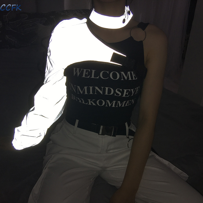 Women'S Emo Accessories - Y2k-女性用反射モデルTシャツ,女の子用パンクウェア,不規則なカーゴトップス,非対称の裸の肩,ヒップホップアクセサリー