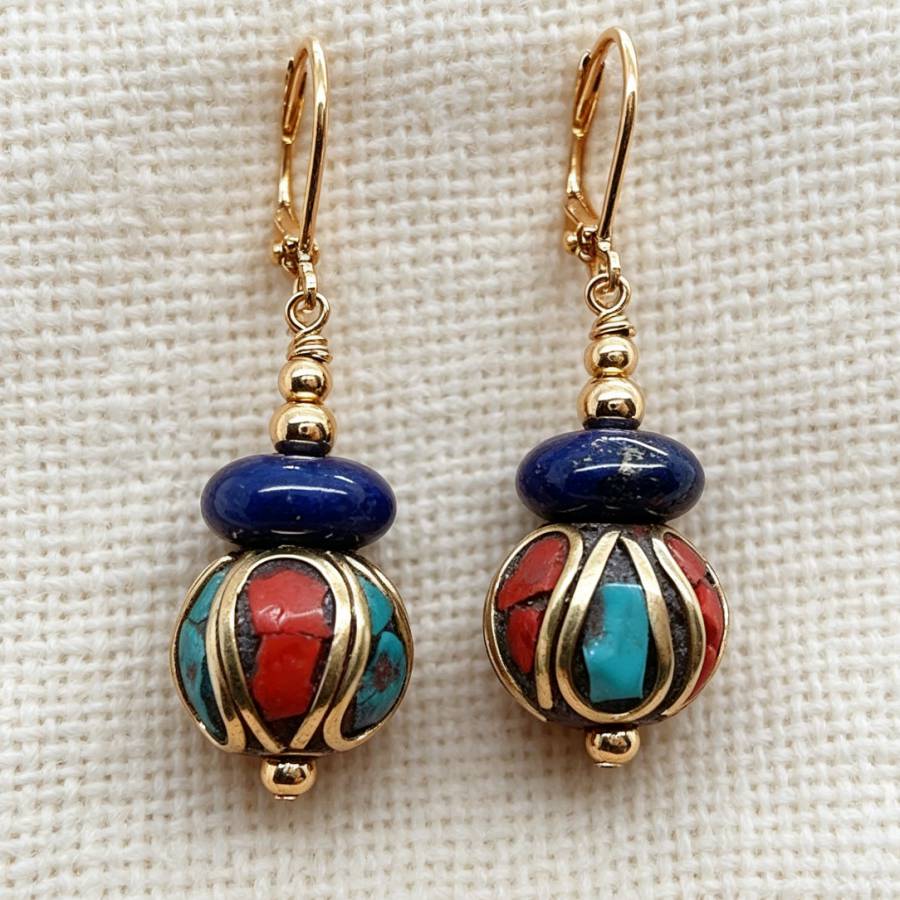 Women Accessories Nepal - ダングルハンドメイドネパールブルーラピスラズリゴールドイヤリングアクセサリー女性用チャーム付き高級ジュエリーギフト彼女へのオーロラ