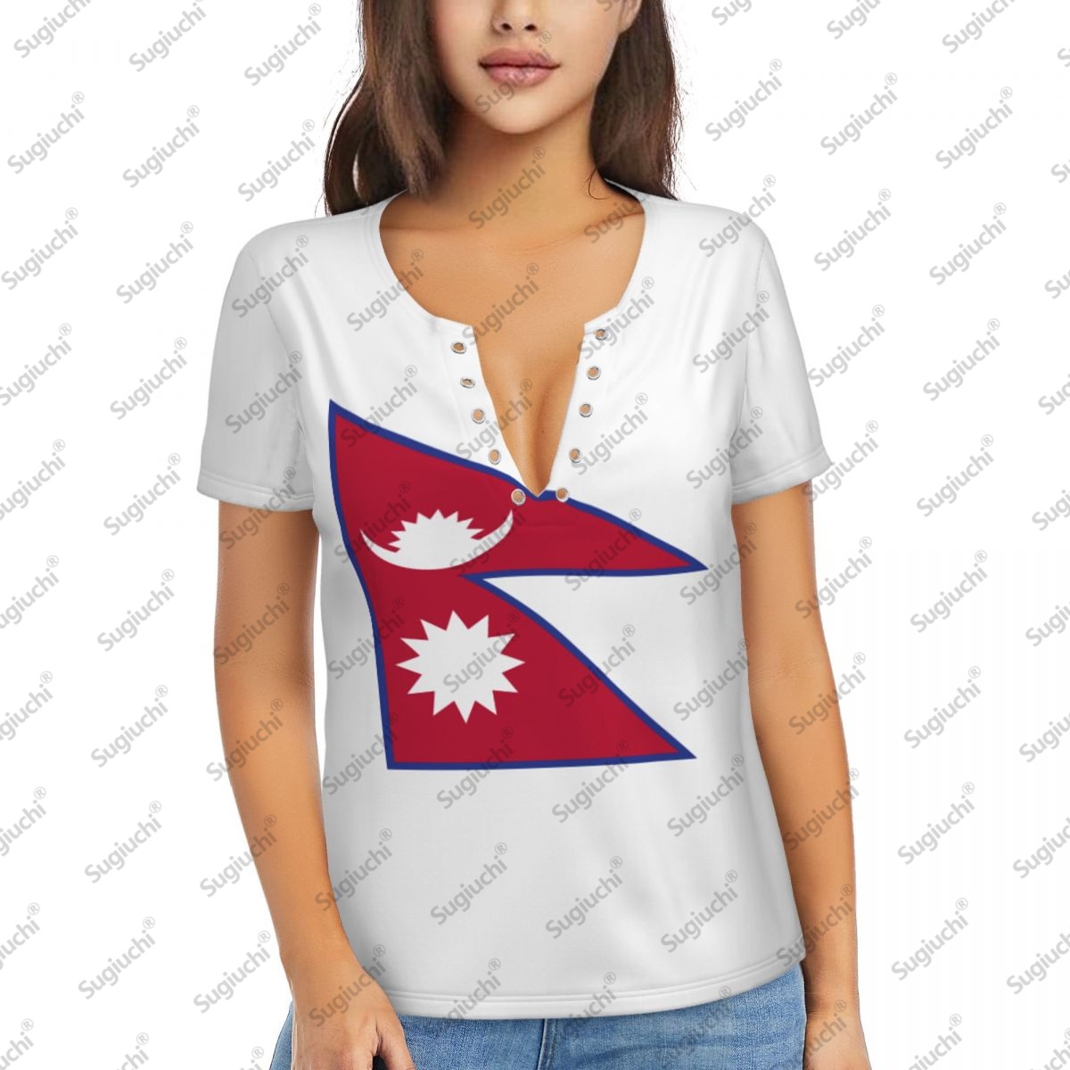 Women Accessories Nepal - 2025 ネパール国旗セクシーなディープ V ネック女性 3D 半袖ファッション