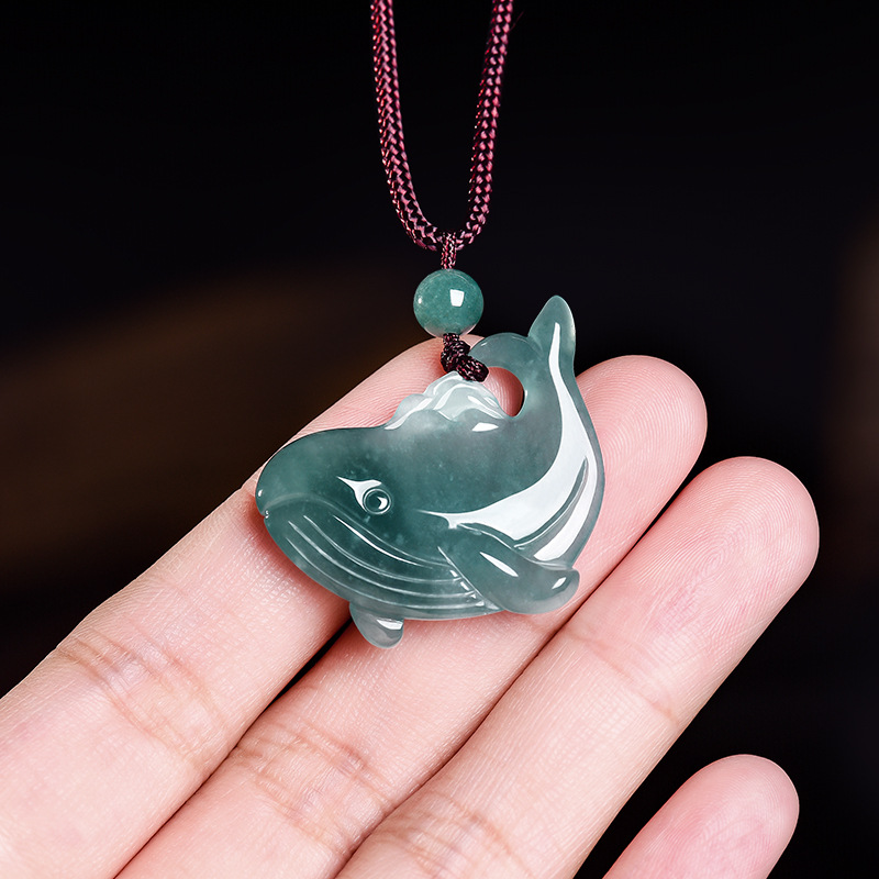 Woman Accessory - 天然ビルマ翡翠クジラペンダントネックレスアクセサリー本物の翡翠チャーム彫刻お守りジュエリー宝石ギフト女性のための