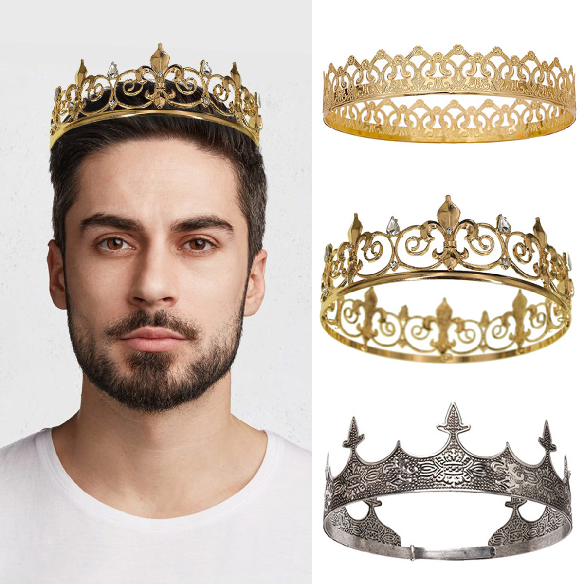 Queen Accessories - ロイヤルキングクイーンクラウン男性/女性用メタルプリンスクラウンとティアラフルラウンド誕生日パーティー帽子コスチュームアクセサリー