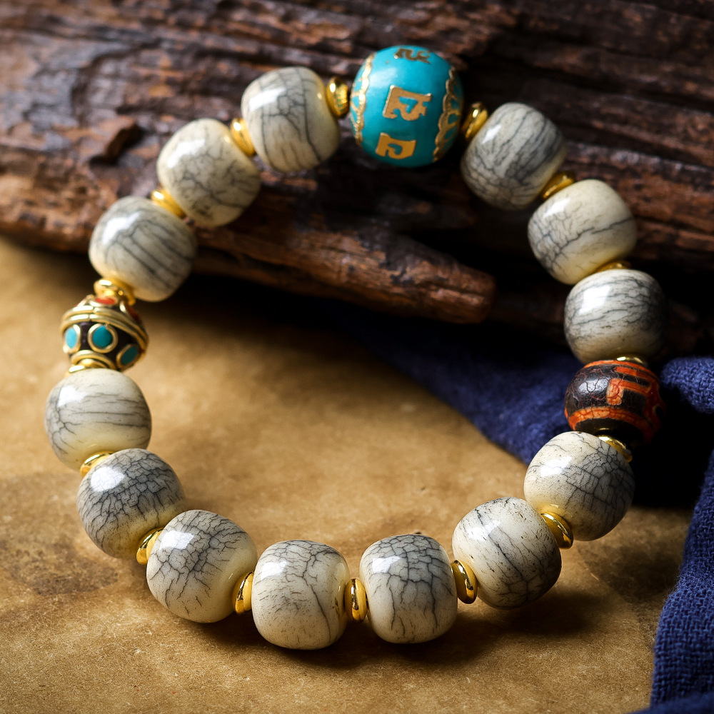 Women Accessories Nepal - ひび割れたヤクの骨のバレルビーズブレスレット、ネパールスタイルのアクセサリーと卍ジビーズ付き、エスニックスタイルのジュエリーギフト