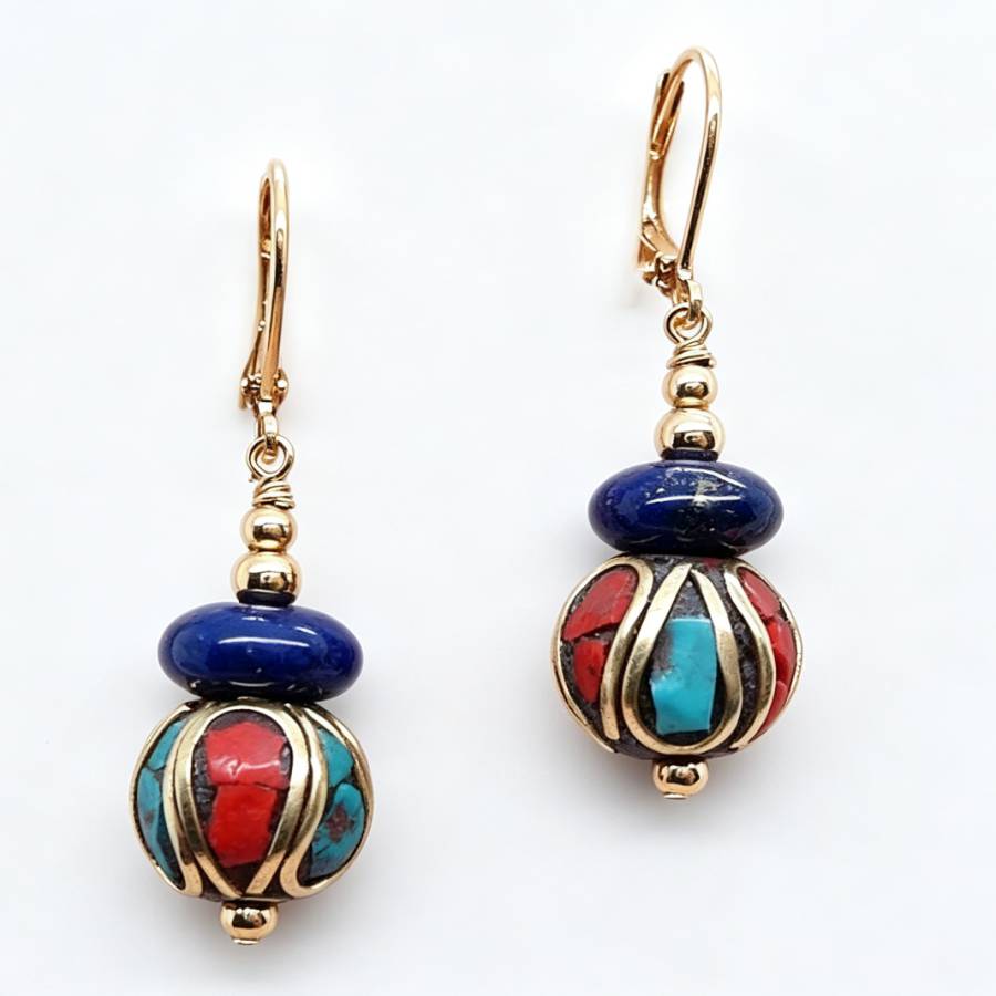 ダングルハンドメイドネパールブルーラピスラズリゴールドイヤリ - Women Accessories Nepal のレビューと価格