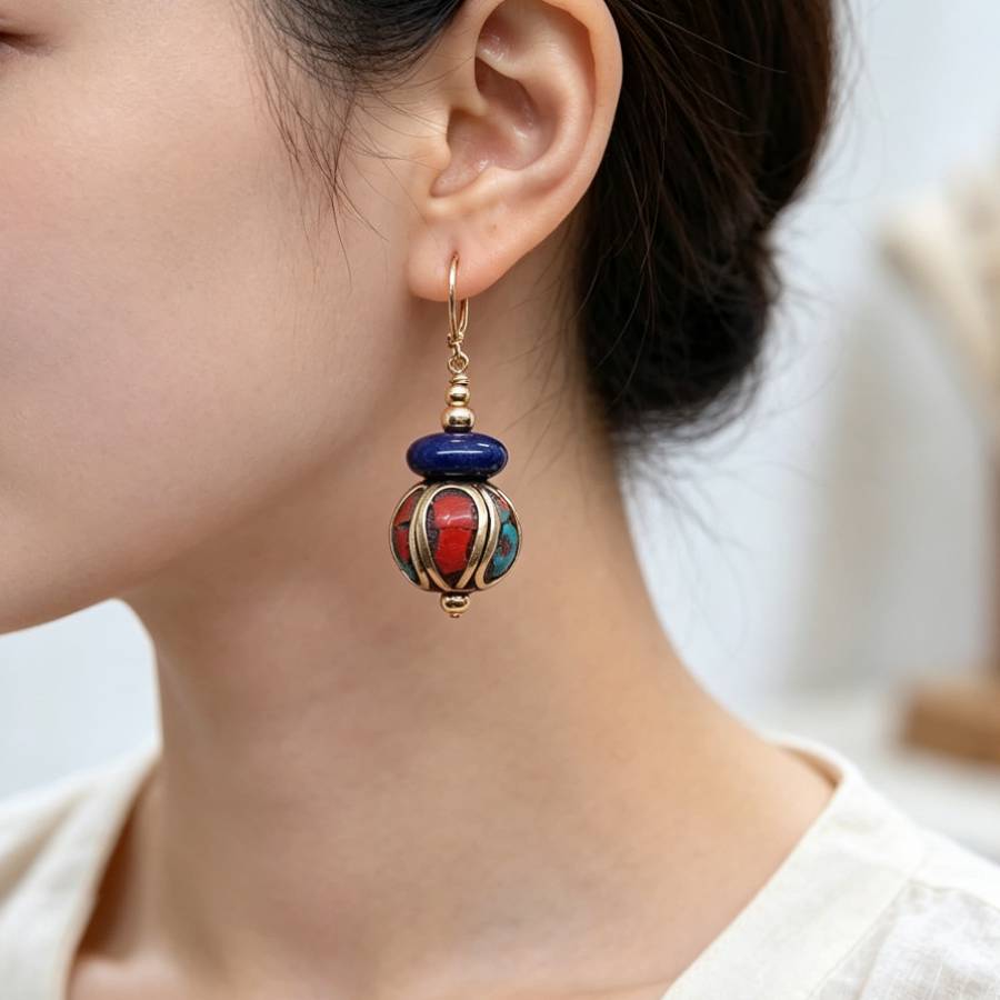 ダングルハンドメイドネパールブルーラピスラズリゴールドイヤリ - Women Accessories Nepal のレビューと価格