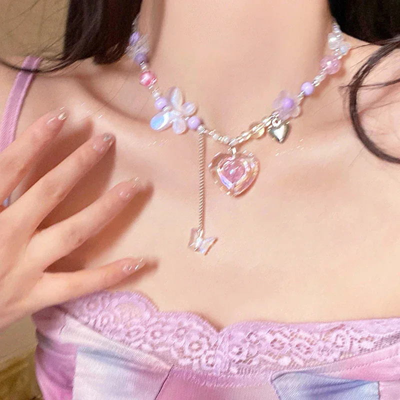 ピンクのアクリルビーズネックレス,花,星,タッセルペンダント - Women'S Emo Accessories のレビューと価格